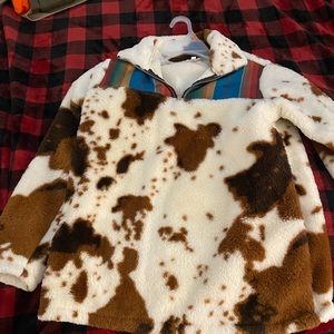 Fleece cow print pullover hoodie